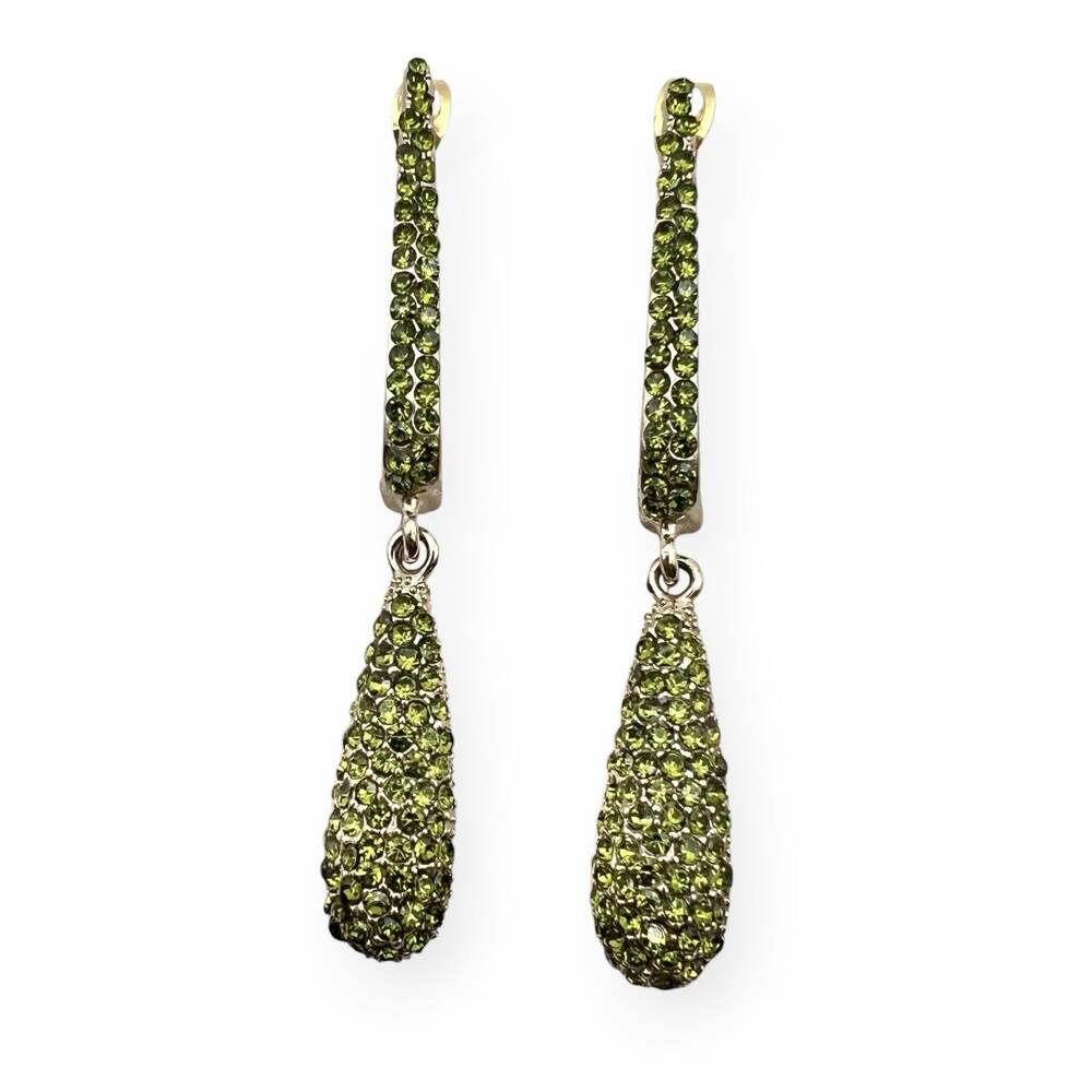 Pave Rhinestone Teardrop Dangle Earrings Olive Green Statement Heart Cutout Post